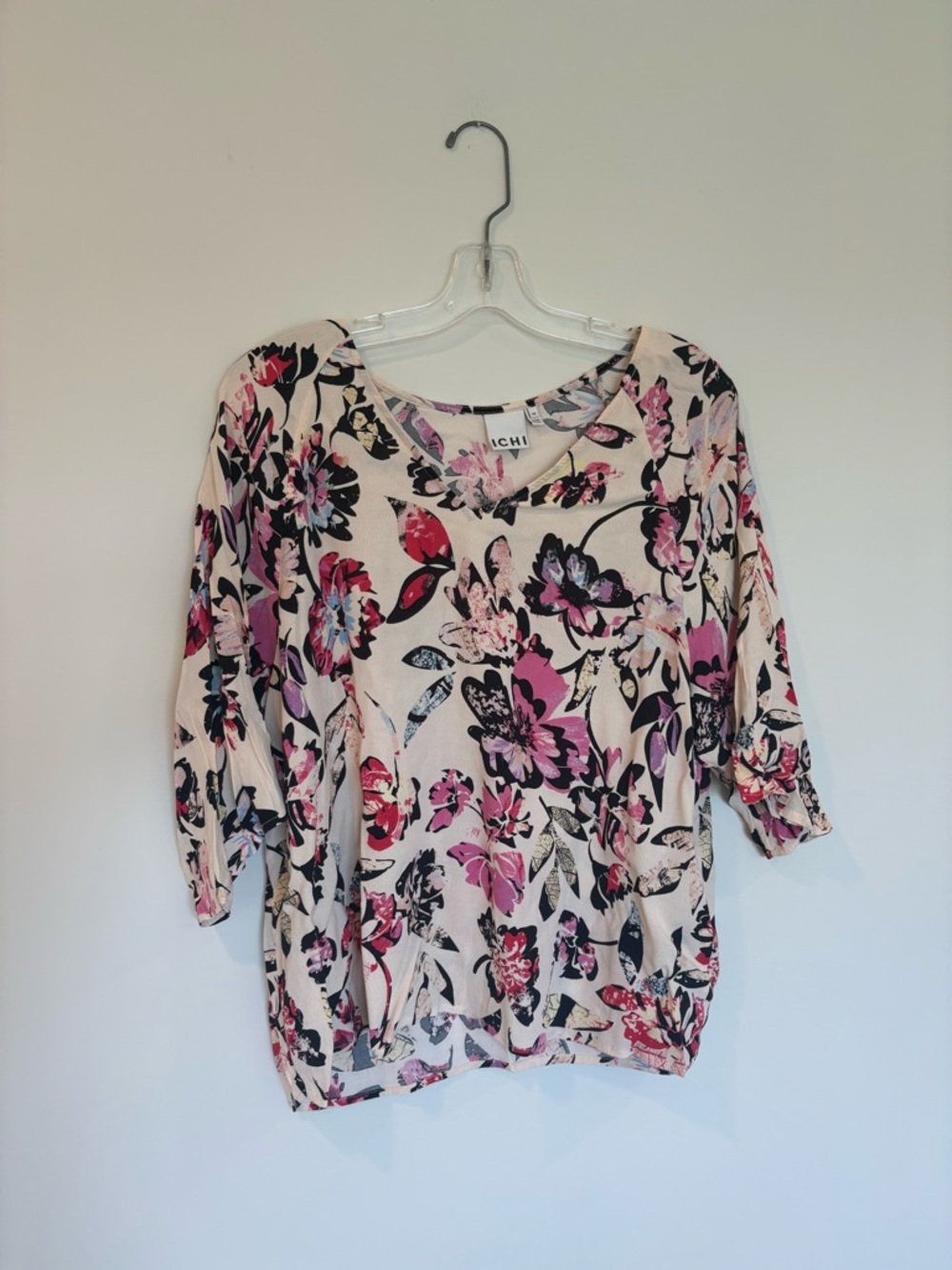 Light Cream Floral Dolman Sleeve ICHI Blouse - Pink & Black Accents